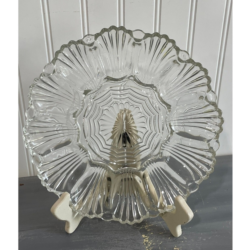 Vintage Clear Pressed Glass Deviled Egg Platter Scalloped Serving Tray 9.5 Inch